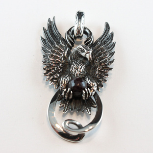 Sterling Silver Wings Spread Eagle With Black Garnet globe