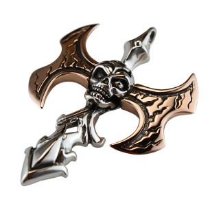 Royal Silver Skull Axe Pendant with Golden Blades