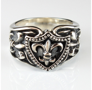 Golden Royal Silver Fleur De Lis on Shield Ring