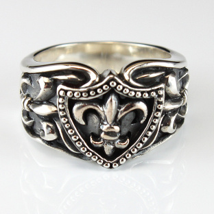 Golden Royal Silver Fleur De Lis on Shield Ring