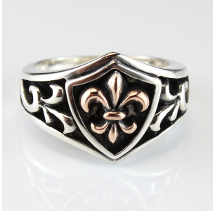 Golden Royal Silver Fleur De Lis on Shield Ring