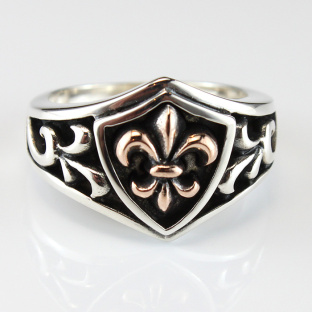 Golden Royal Silver Fleur De Lis on Shield Ring