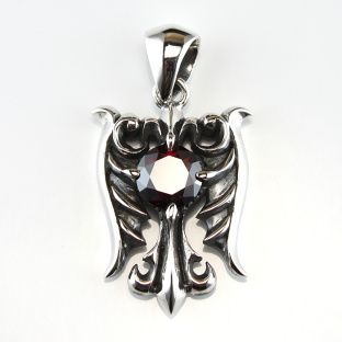 Red Garnet Sterling Silver Wings Pendant with Fleur De Lis