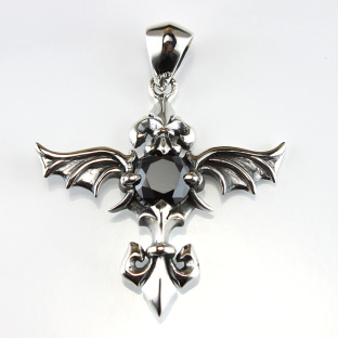 Black Cubic Zirconia Sterling Silver Cross/Wings Pendant with Fleur De Lis