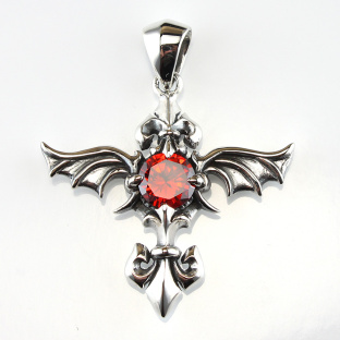 Red Garnet Sterling Silver Cross/Wings Pendant with Fleur De Lis