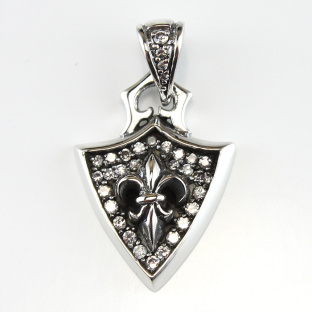 White Cubic Zirconia French Lily Shield Silver Pendant