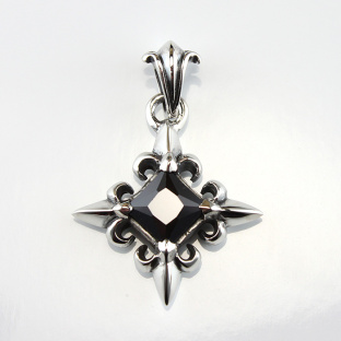 Black Cubic Zirconia 4 Corner French Lily Silver Pendant