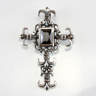 Fleur De Lis Sterling Silver Cross Pendant with Red Garnet