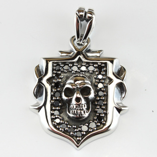 Black Cubic Zirconia Skull Shield Silver Pendant
