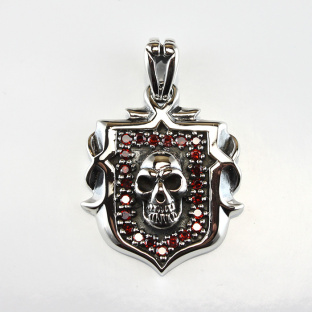 Garnet Zirconia Skull Shield Silver Pendant
