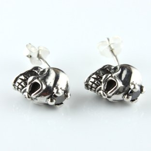 Sterling Silver Black Cubic Zirconia Skull Studs