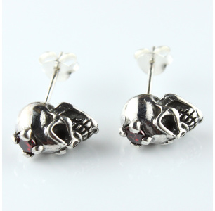 Sterling Silver Red Garnet Skull Studs