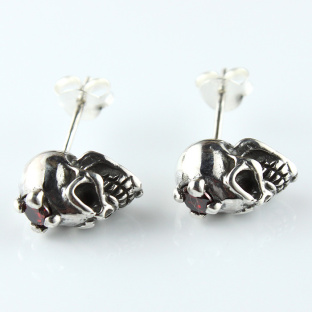 Sterling Silver Red Garnet Skull Studs