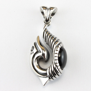 Sterling Silver Maori Fish Hook Pendant with Black Agate