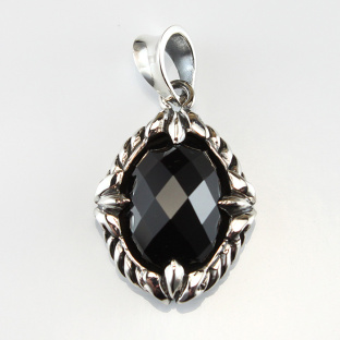 Black Agate Sterling Silver Pendant with Fleur De Lis Sides