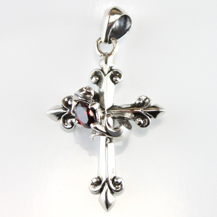 Sterling Silver Fleury Cross with Red Garnet Ring