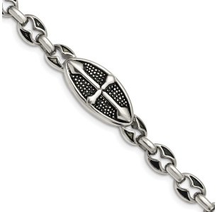Stainless Steel Antiqued Textured and Polished Cross 9in Toggle Bracelet