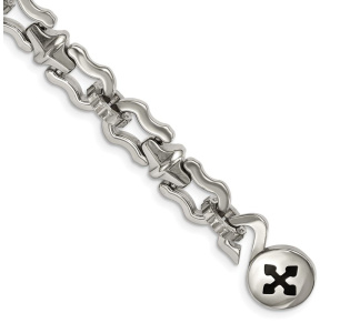 Stainless Steel Polished with Black Rubber Cross 8.5in Bracelet