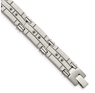 Stainless Steel Polished and Satin with Black CZ 8in Bracelet
