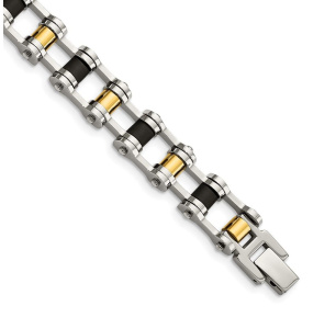 Chisel Stainless Steel Polished Yellow IP-plated with Black Rubber 8.75 inch Bracelet