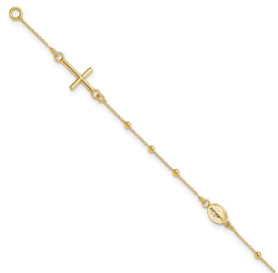 14k Polished Cross Rosary 7.5 inch Bracelet