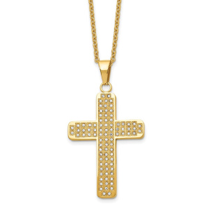 Chisel Stainless Steel Polished Yellow IP-plated with CZ Cross Pendant on a 22 inch Cable Chain Necklace